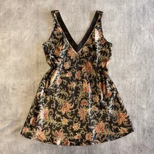 Black Floral Brocade V-Neck Mini Dress with Gold Accents